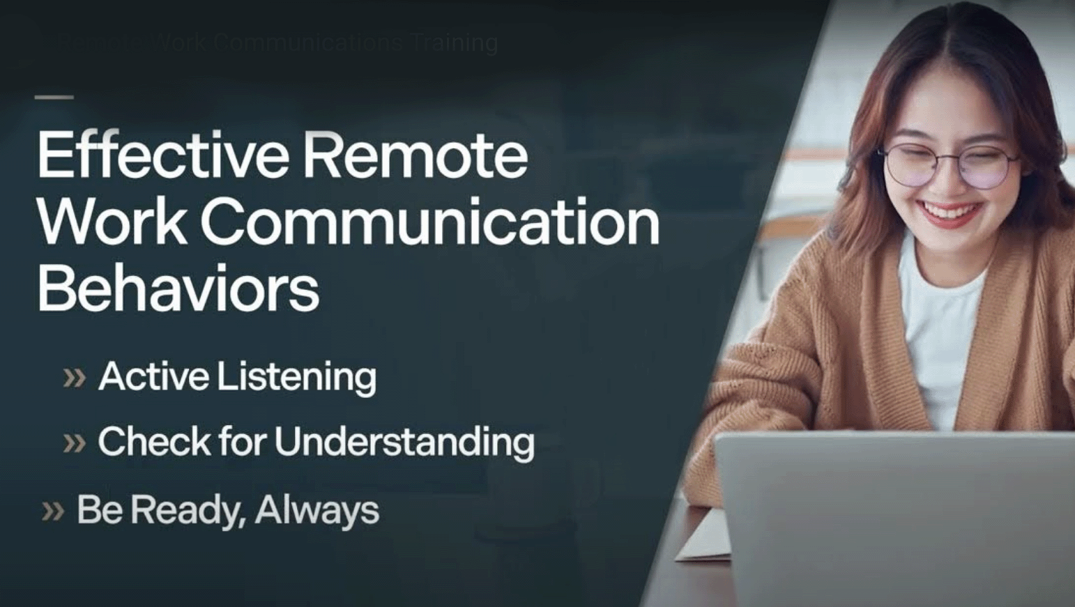  Travel Reduction with a text overlay that reads Effective Remote Work Communication Behaviors. Also has play button to watch/listen to a video. 